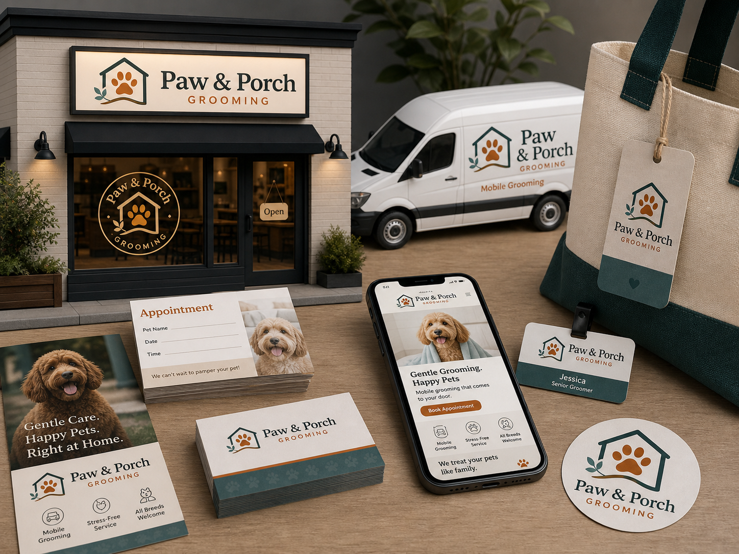 Real-world brand application presentation across signage, cards, web, vehicle graphics, and packaging.