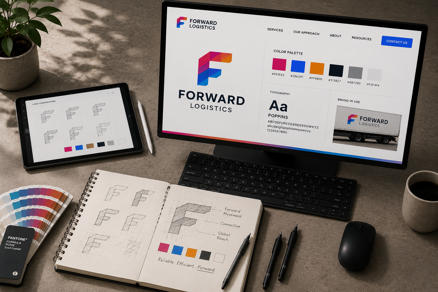 Brand identity system for Forward Logistics displayed on a monitor with logo sketches, color palette, typography, and brand applications.