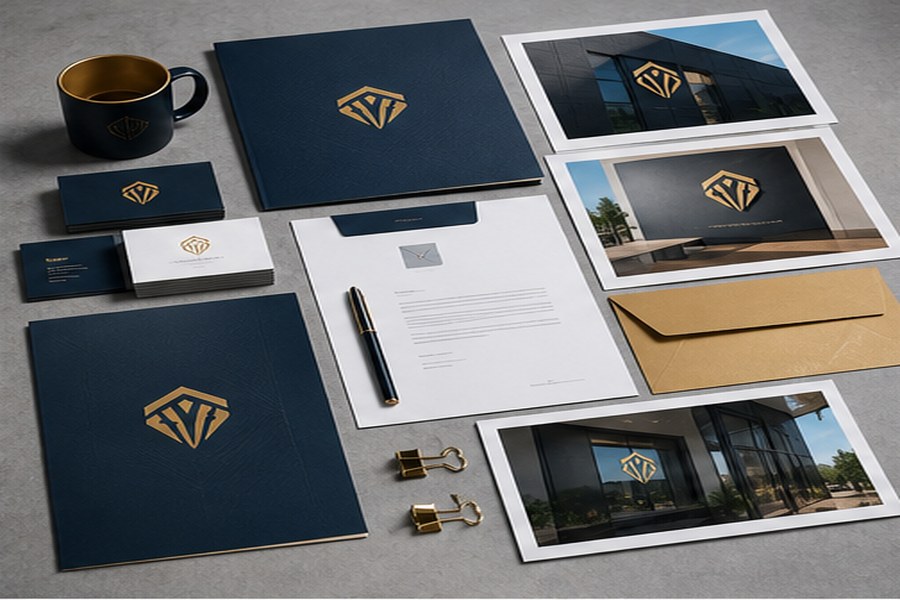 Brand identity presentation with cards, signage mockups, and color palette.