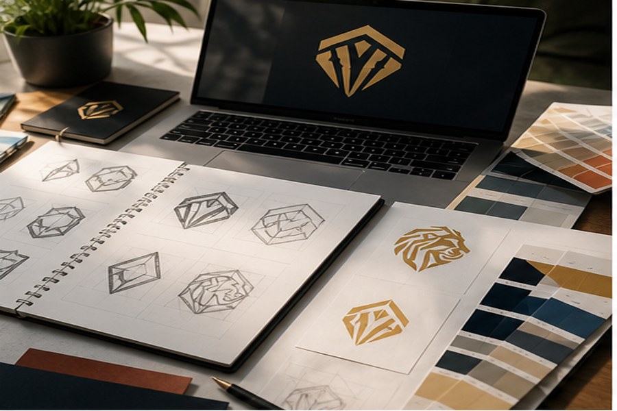 Logo sketches and professional branding presentation materials.