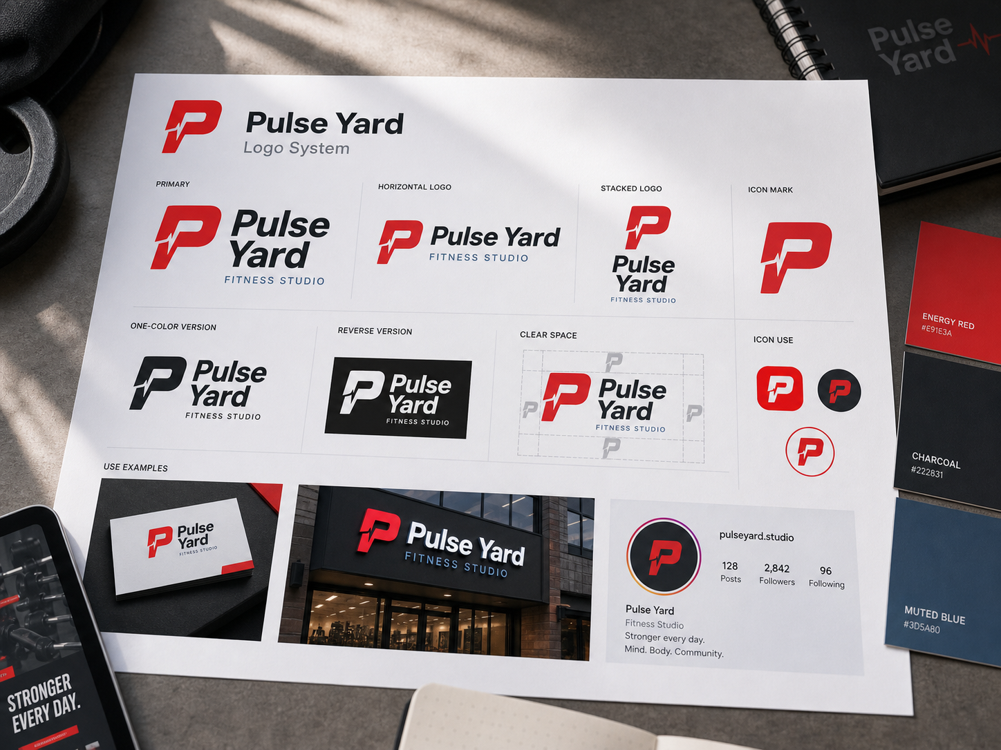 Logo system board with primary, secondary, icon, clear space, and application examples.