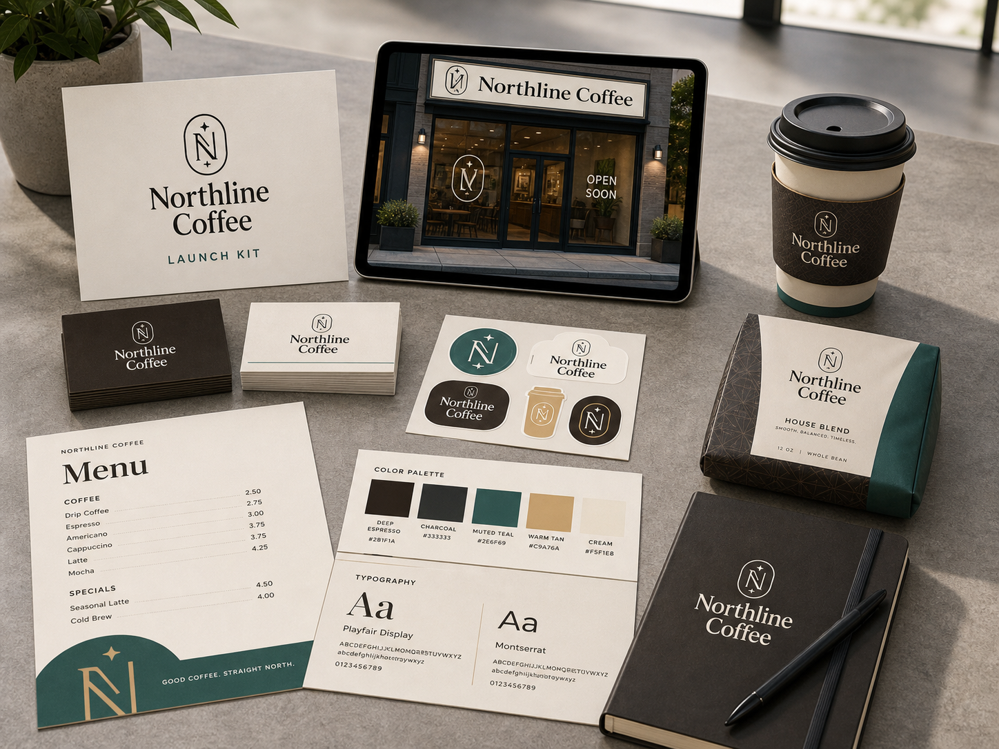 Startup brand launch kit with logo, cards, packaging, and launch materials.