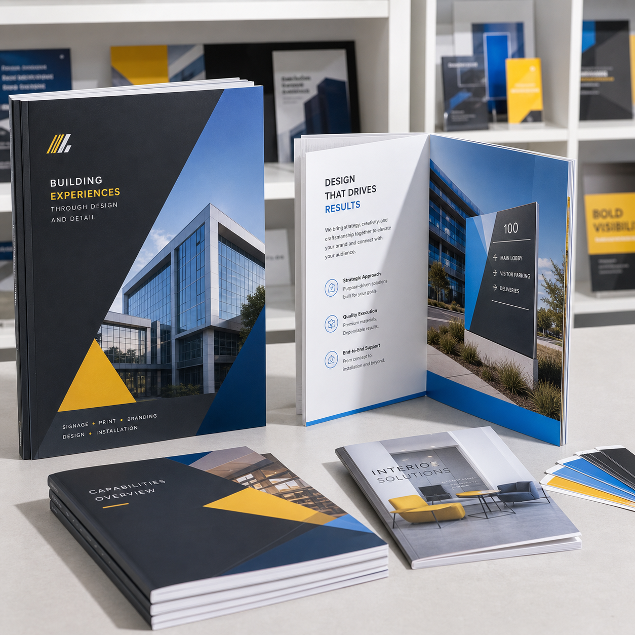 Premium printed booklets and catalogs spread open and stacked on a tabletop.