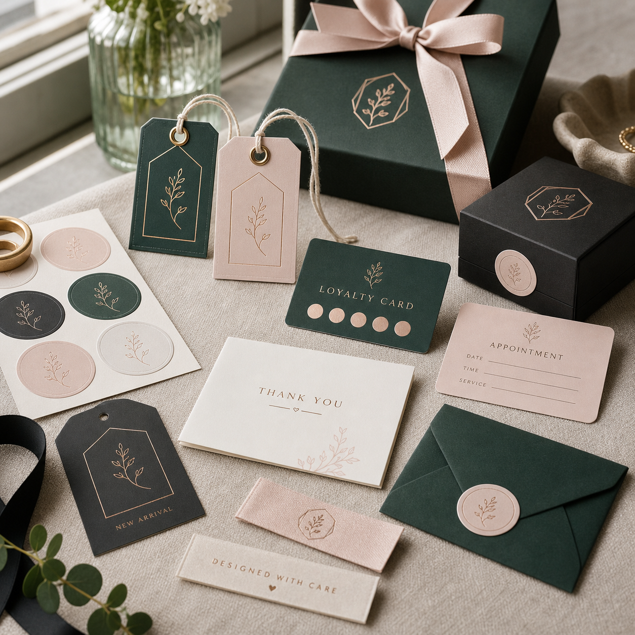 Small brand detail pieces including tags, labels, cards, and inserts on a tabletop.
