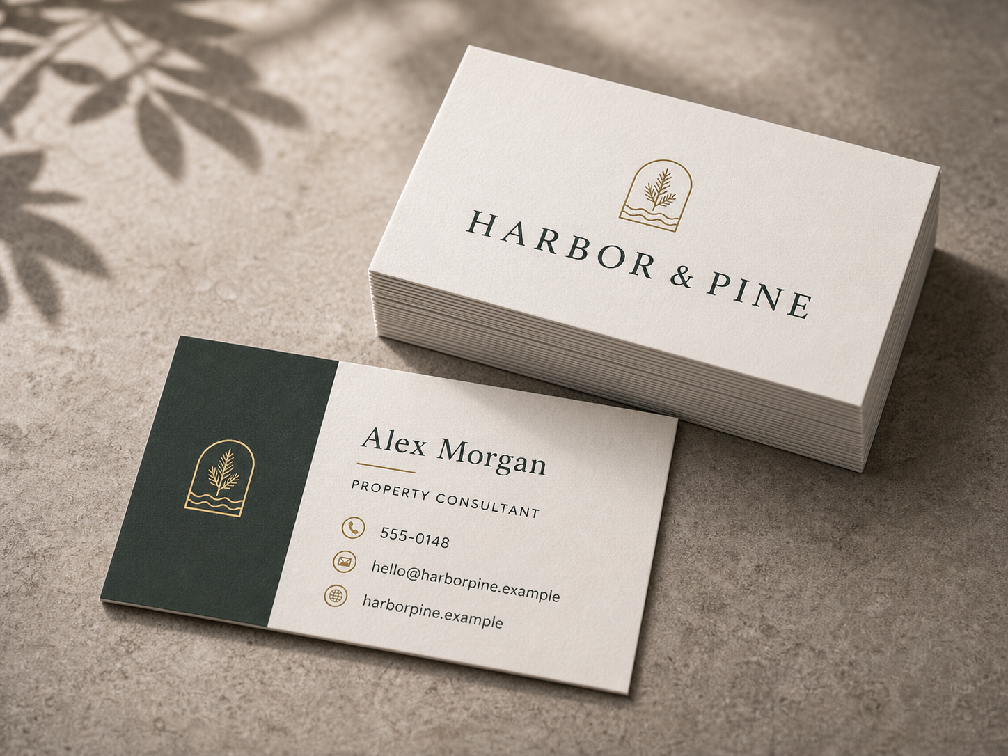 Elegant brand-neutral premium business cards on a refined tabletop.