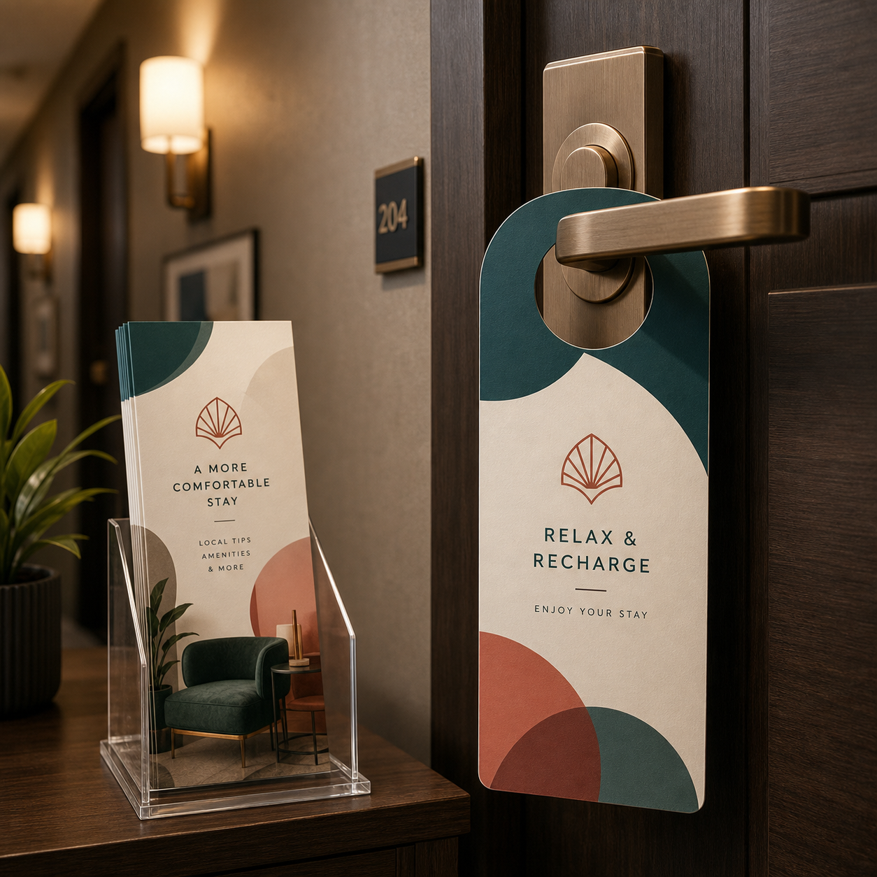 Premium door hangers and rack cards arranged on a dark tabletop.