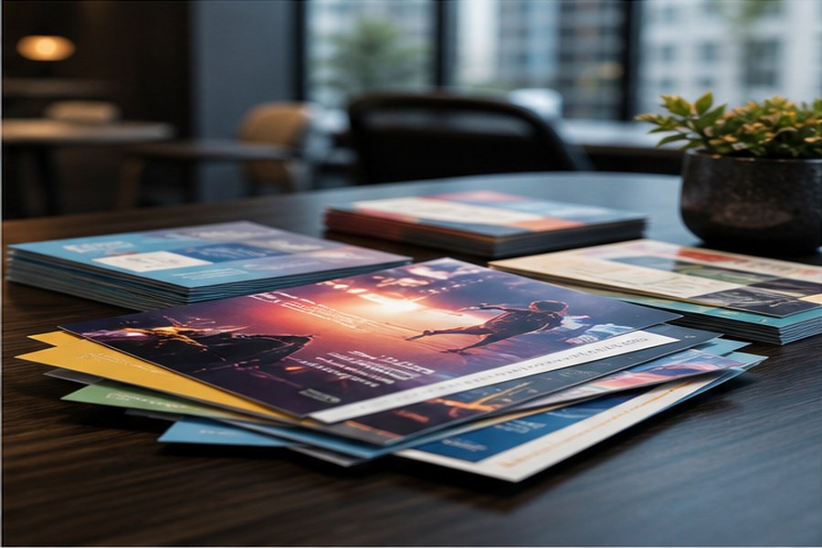 Colorful flyers and postcards in a professional office.