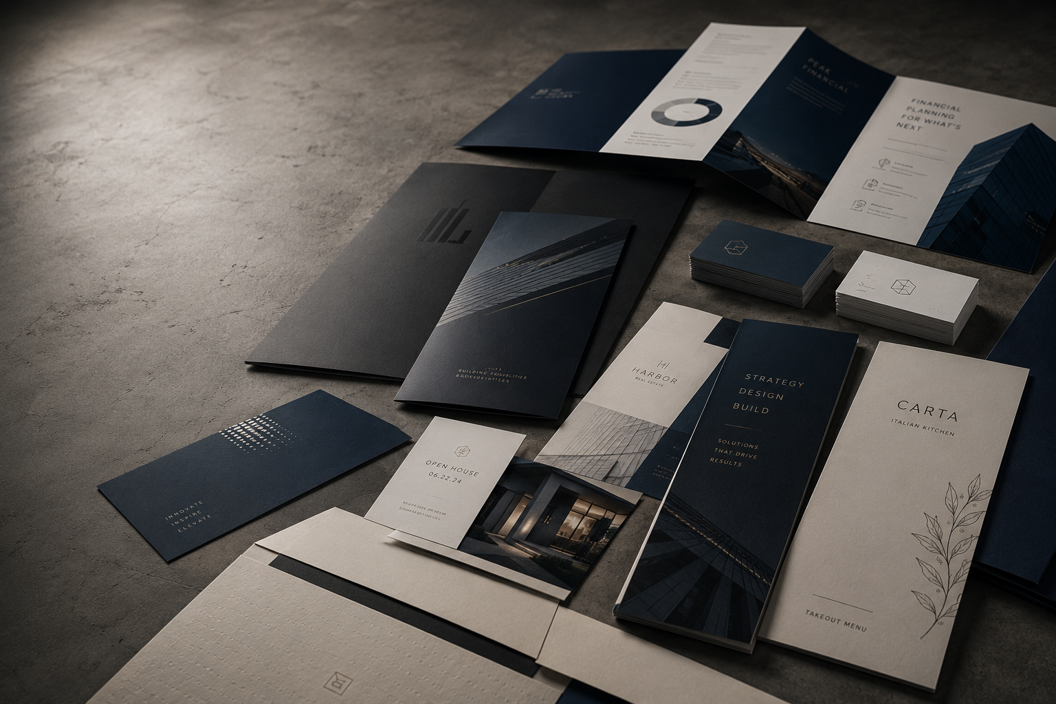 Premium printed brochures, folders, business cards, and branded collateral arranged on a textured table.