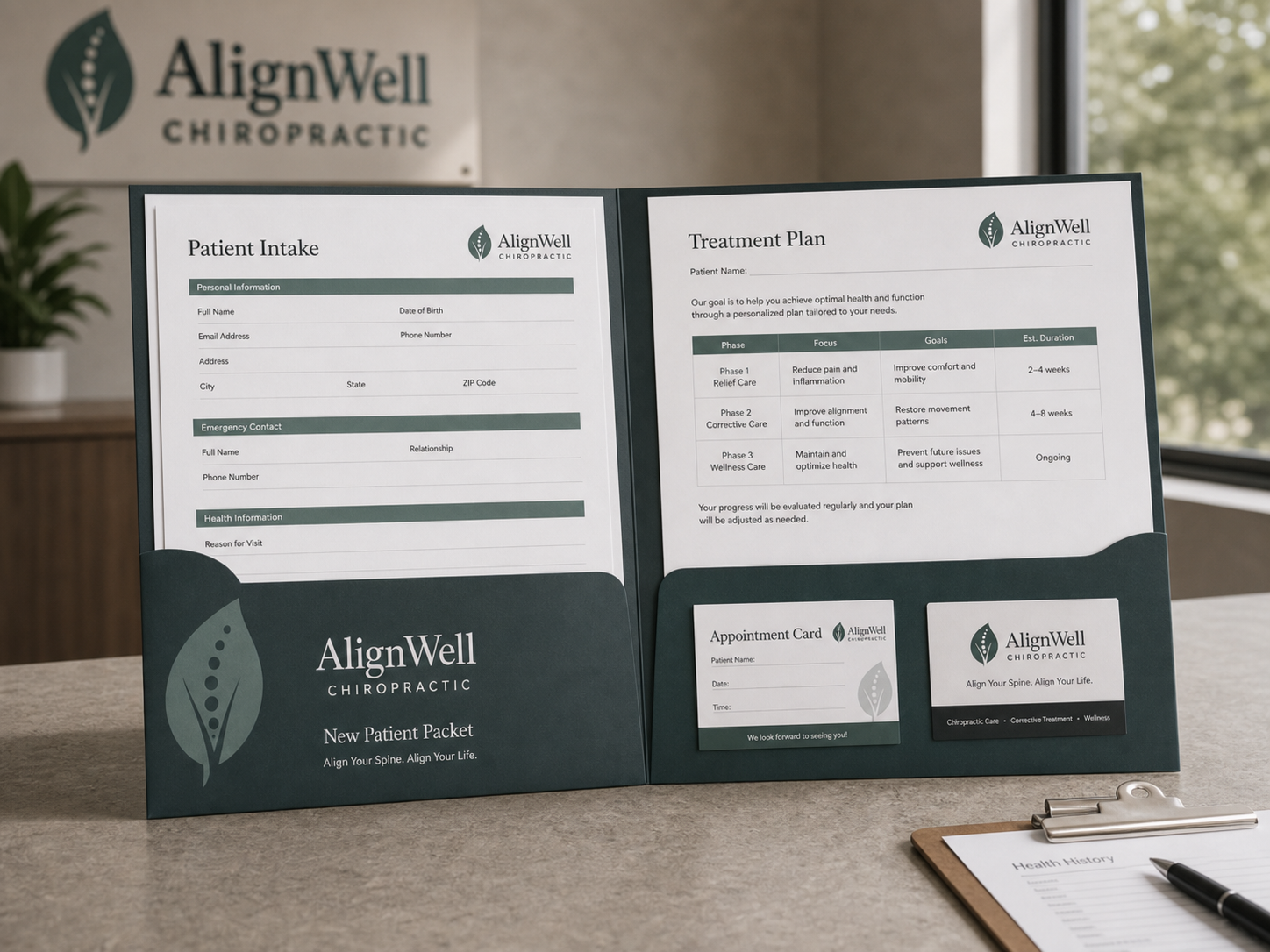 Presentation folders, inserts, and business cards arranged as a sales packet.
