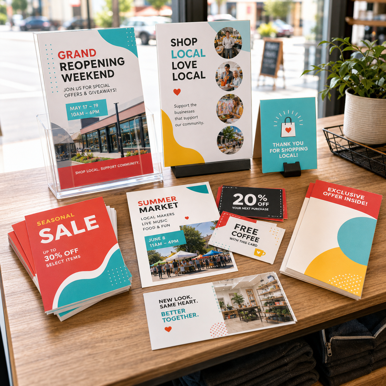 Promotional flyers, postcards, and local campaign print pieces arranged on a tabletop.