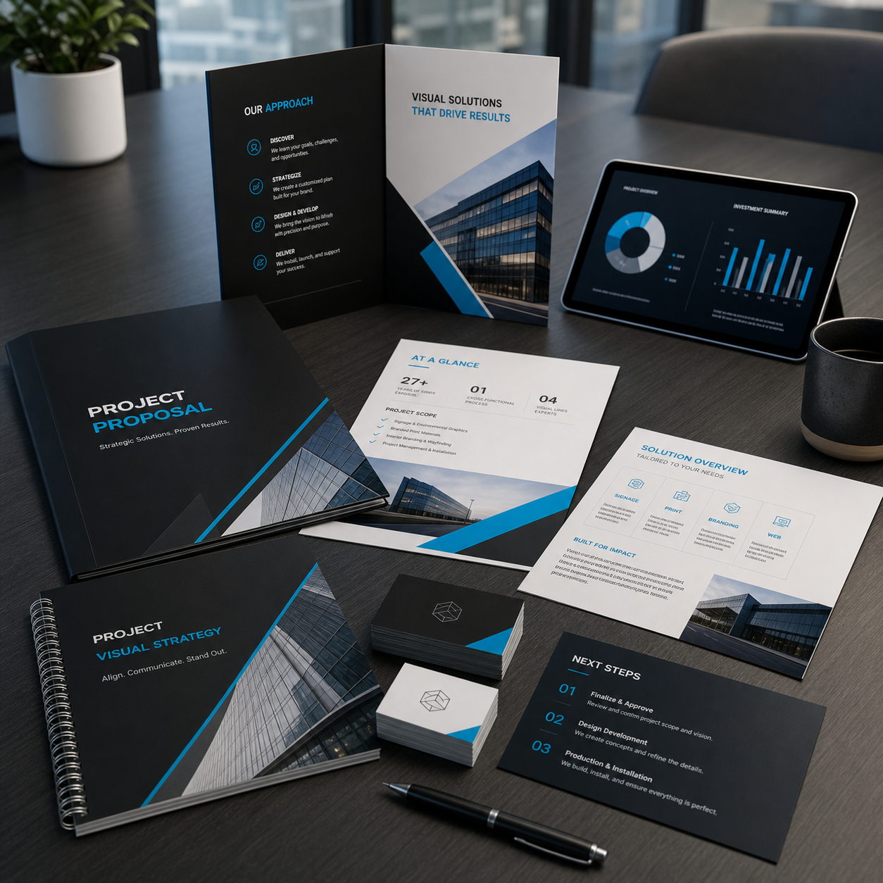 Sales and presentation print materials arranged as a coordinated business kit.