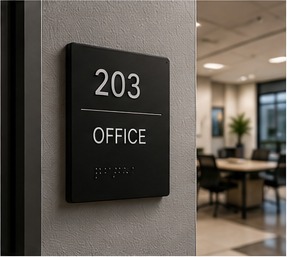 Black ADA office sign with tactile lettering and braille.