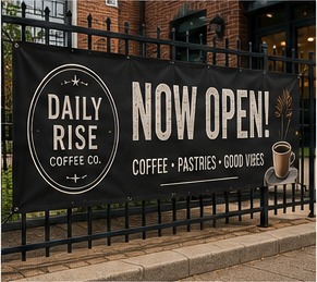 Outdoor grand opening banner on a commercial fence.