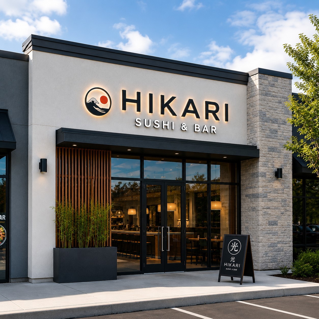 Illuminated Hikari Sushi and Bar channel letter storefront sign.