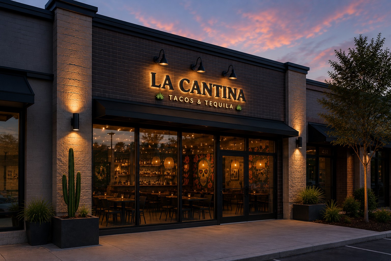 Illuminated La Cantina restaurant storefront sign at dusk.