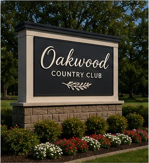 Monument sign with landscaping for a country club entrance.