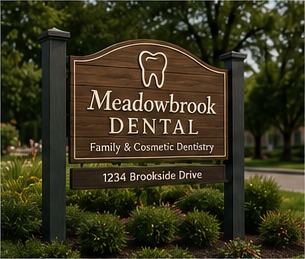Post and panel sign for a dental office entrance.