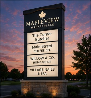 Multi-tenant pylon sign at sunset.