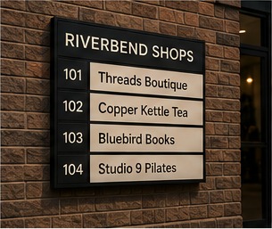 Tenant panel sign mounted on a brick commercial building.