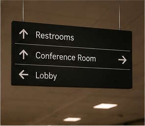 Suspended directional wayfinding sign for restrooms, conference room, and lobby.