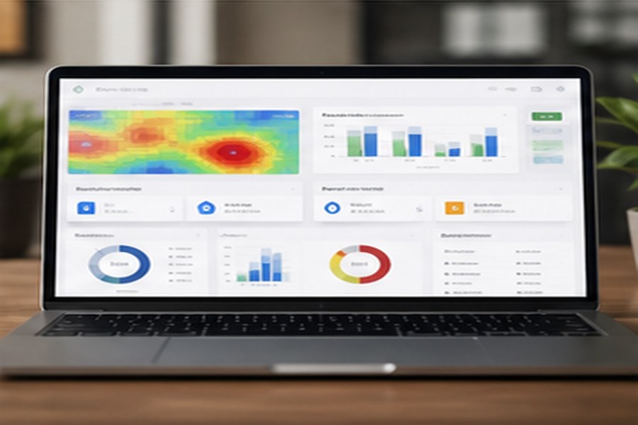 Analytics dashboard with heatmaps and conversion tracking.