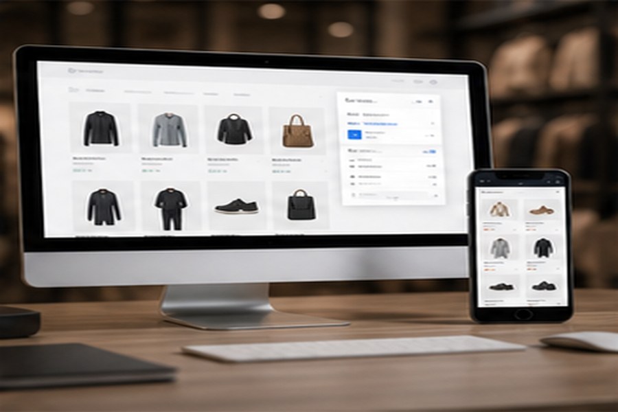 Online store on desktop and mobile with cart and checkout.