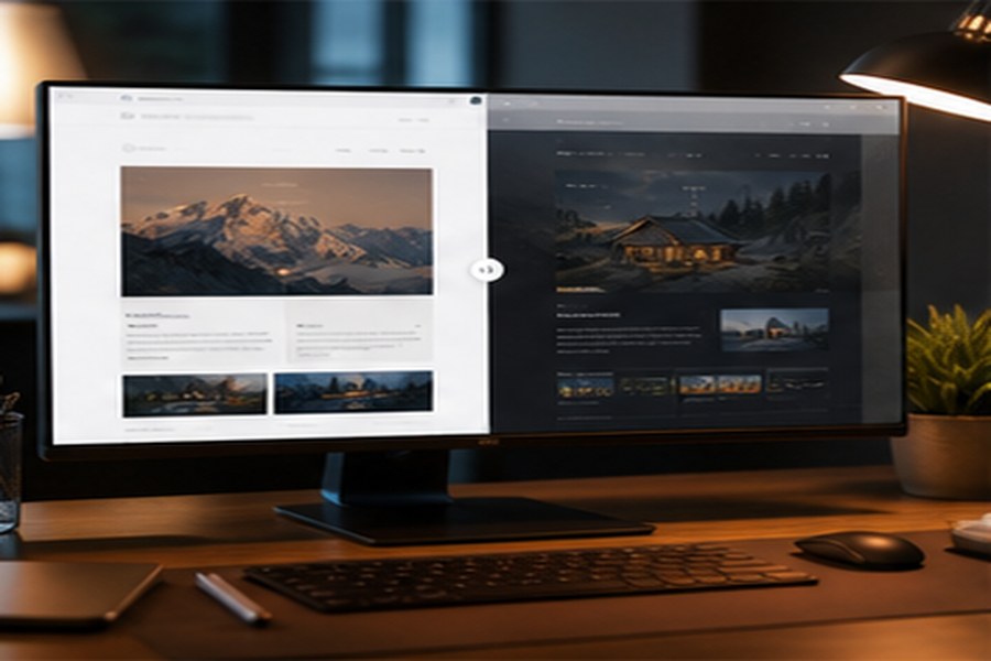 Before and after website redesign on a large monitor.