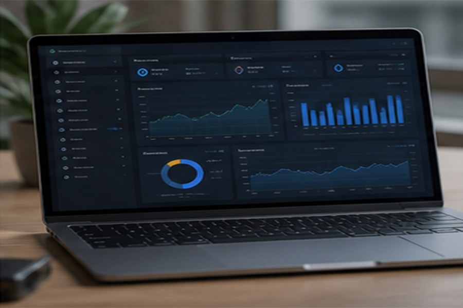 SEO dashboard with rankings, traffic reports, and growth charts.