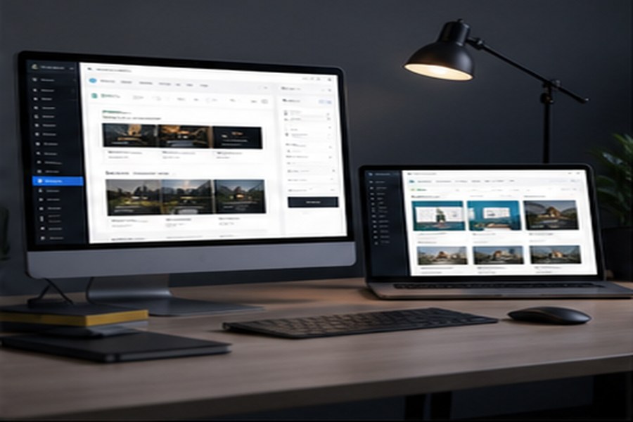 WordPress dashboard and website previews on multiple screens.