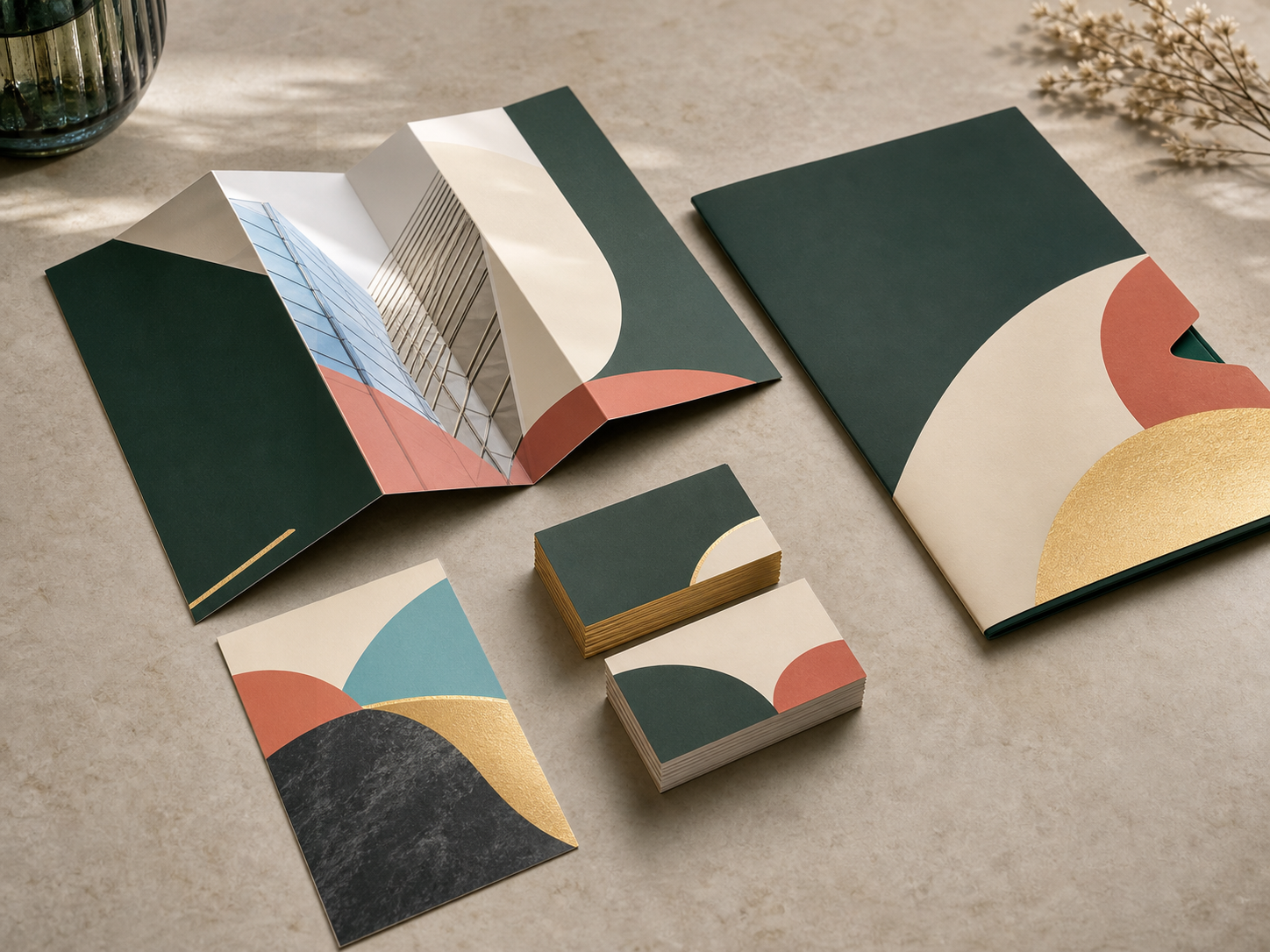 Brochures, business cards, and folder on a table.
